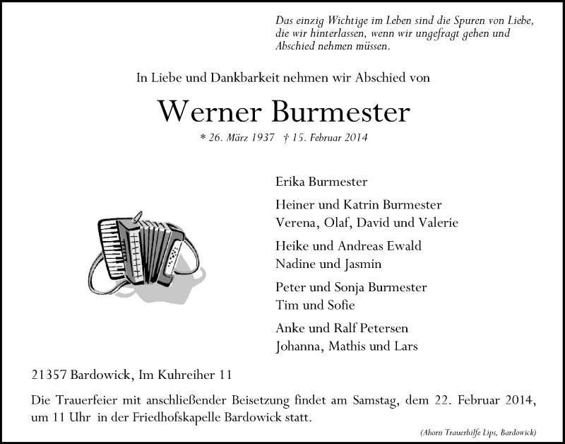  Traueranzeige für Werner Burmester vom 18.02.2014 aus Landeszeitung Lüneburg